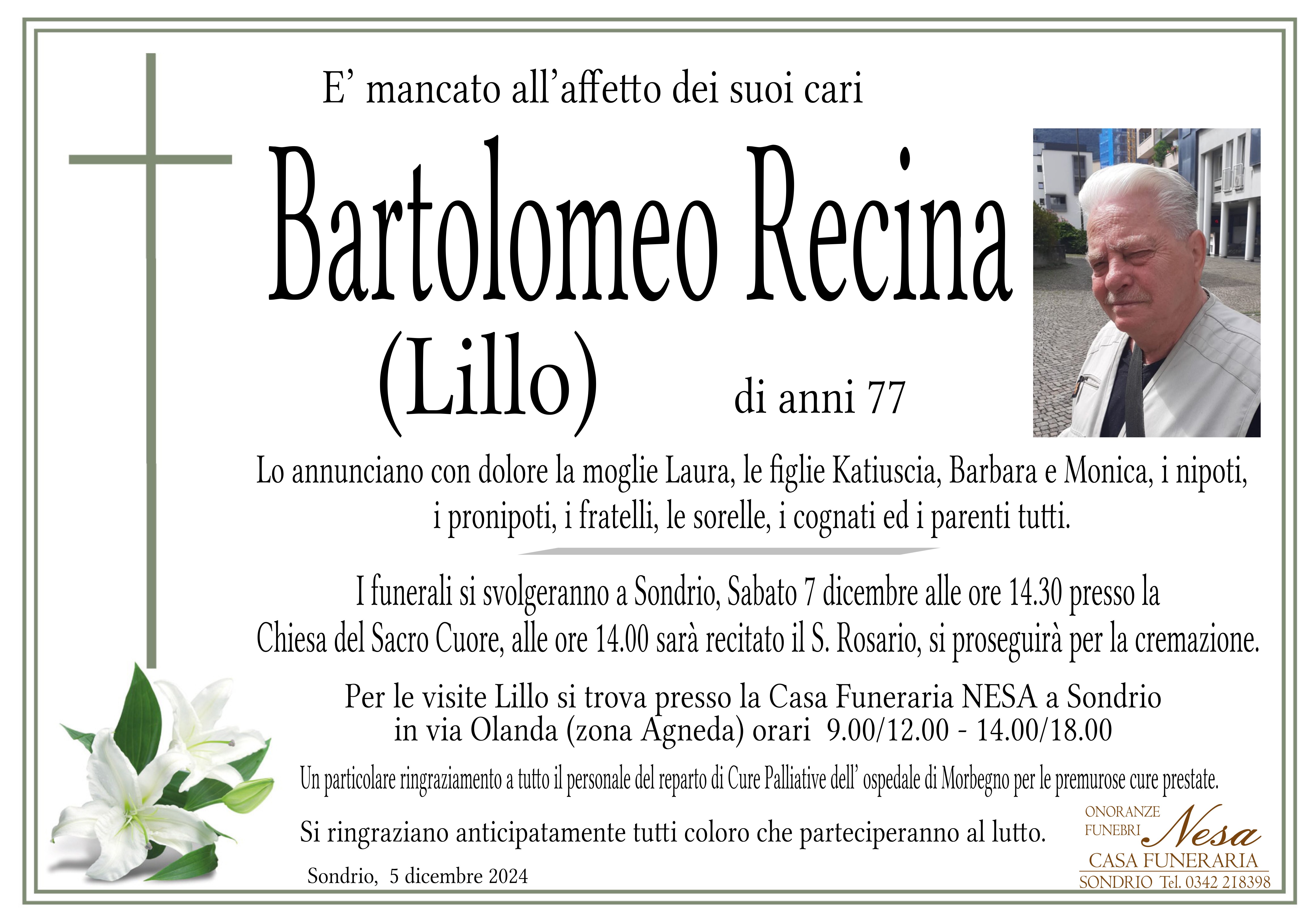 Necrologio BARTOLOMEO RECINA